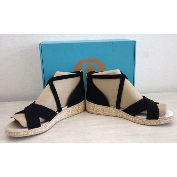 BZees I8760F1002 Women's Sz 10W Black Linen Bali Sand Wedge Strappy Sandals - Picture 2 of 11